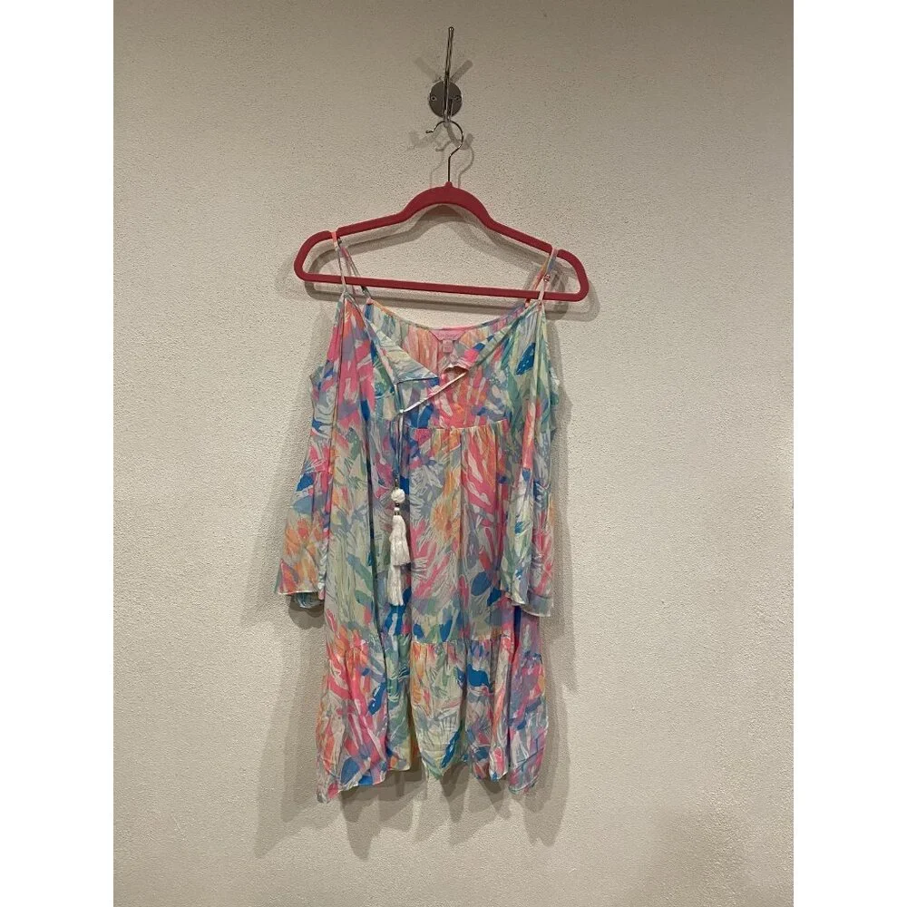 Lilly Pulitzer Alanna Dress Womens Medium Multicolor Off Shoulder Tassel Ruffle - Picture 2 of 4